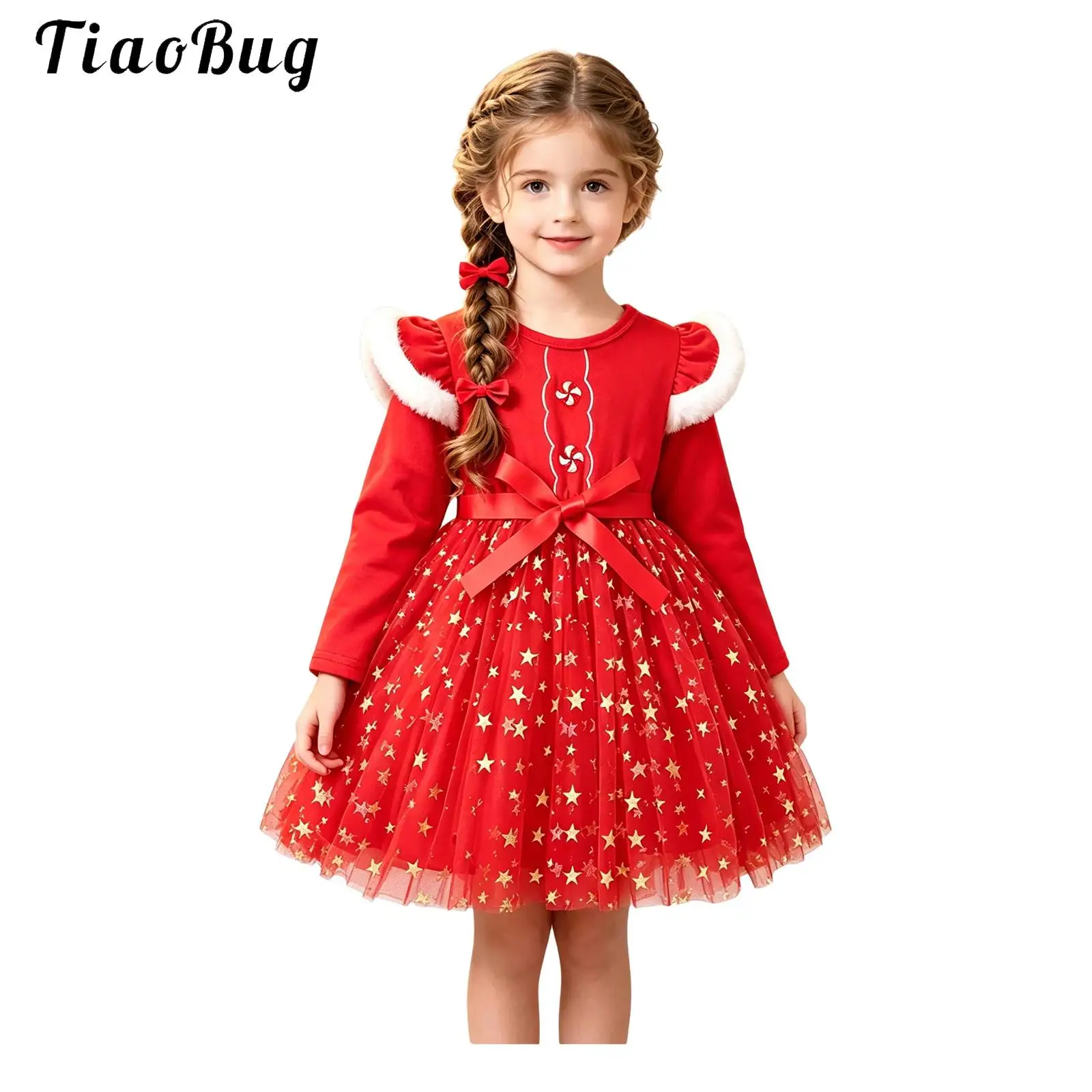 Kids Girls Christmas Tutu Dress Ruffles Long Sleeves Velvet Bodice Sequin Star Tulle Dress with Bow Hairband School Shows Outfit