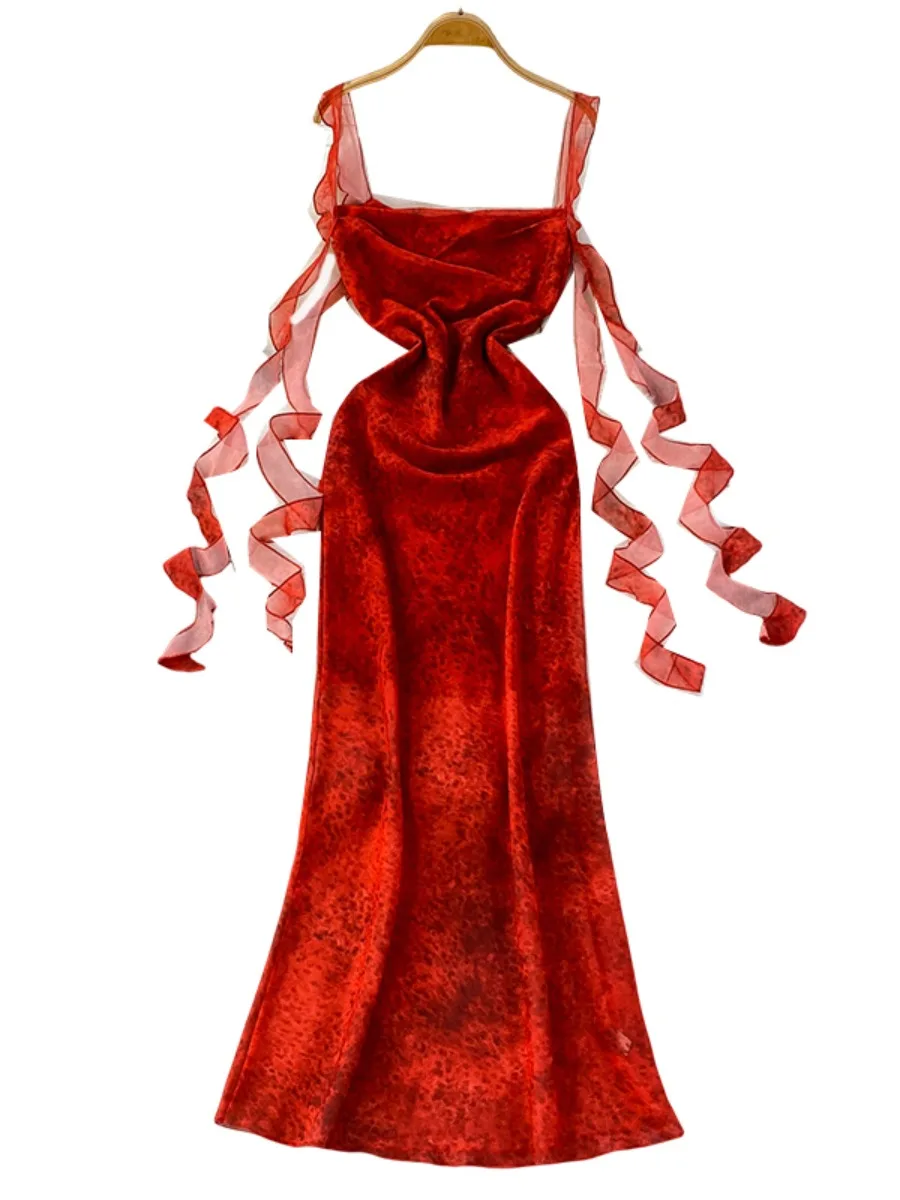 Foamlina francés Retro elegante Tie Dye cuello vuelto vestido de tirantes Halter mujeres diseño de verano sentido fluido cinta cola de pez Maxi vestido