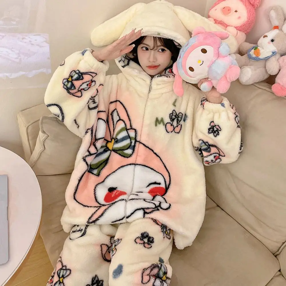 

My Melody аниме женский плюшевый пижамный костюм Kawaii Hello Kitty коралловый флис Sanrio Kuromi утолщенная ночная рубашка зимняя теплая домашняя одежда
