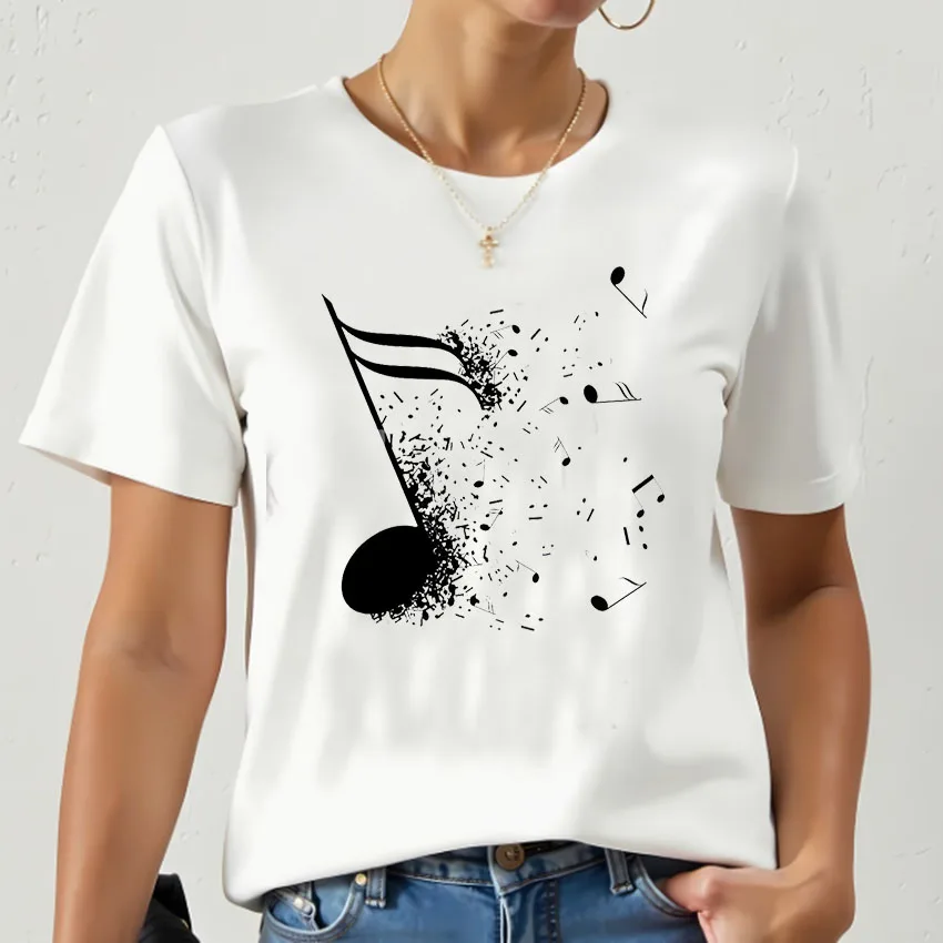 Women Fashion Music Note Print T Shirts Female Ladies Fit Short Sleeve O-neck Tops Casual Daily Streetwear White Basic Tees