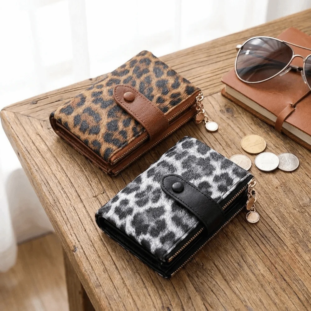 Leopard Print PU Leather Short Wallet Polyester Lining Double Zipper Coin Purse Multi Card Slots Large Capacity Card Holder Work