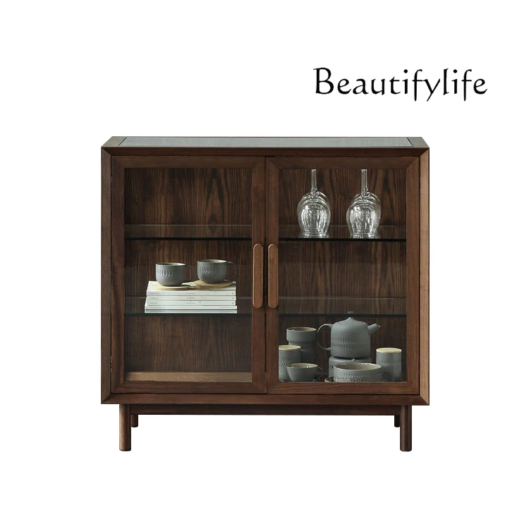 

Nordic solid wood dining side cabinet black walnut living room transparent tempered glass display cabinet tea cabinet