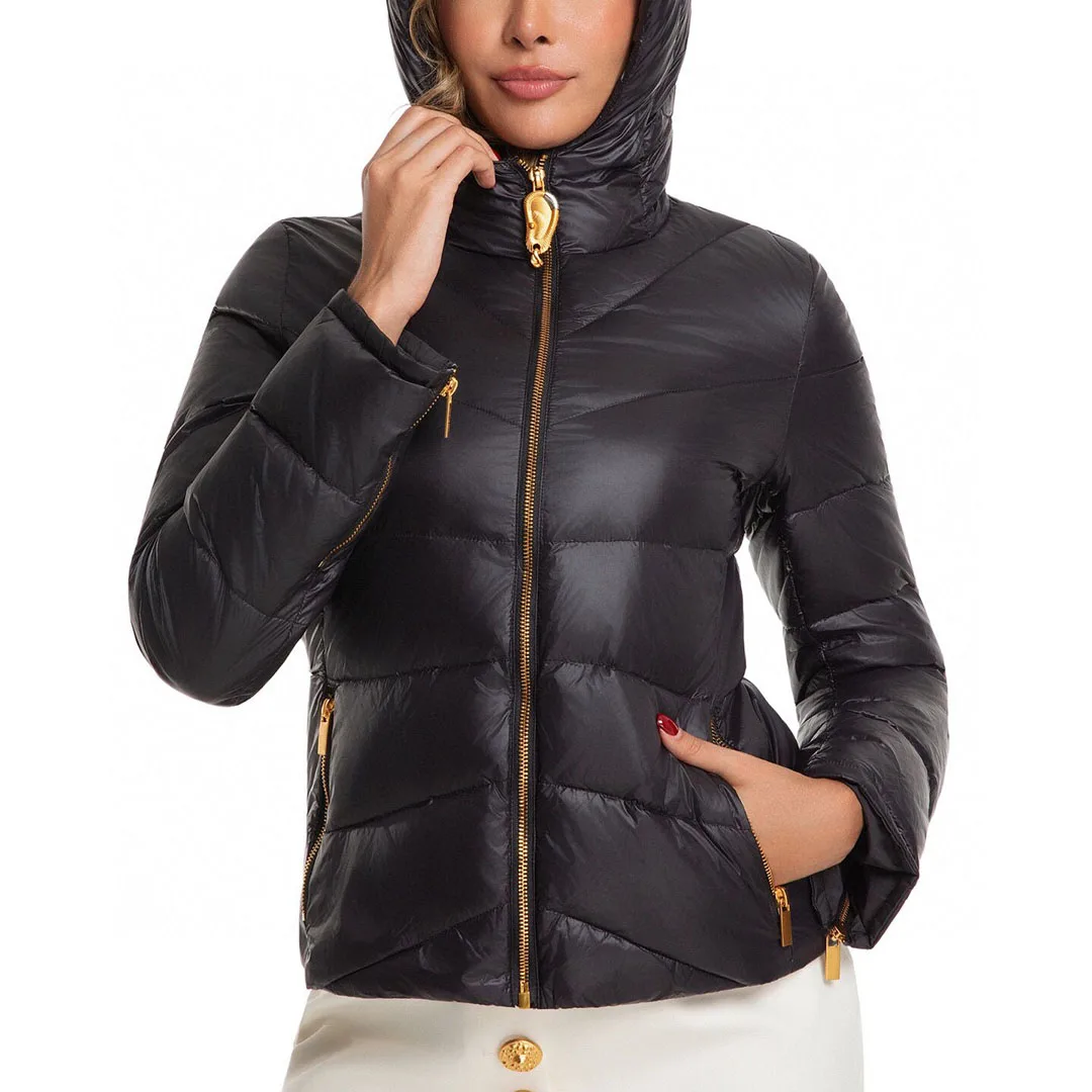 

2025 New Winter White Duck Down Coat Women Gold Ear Zipper Hooded Long Sleeve Back Embroidery Casual Warm Jacket