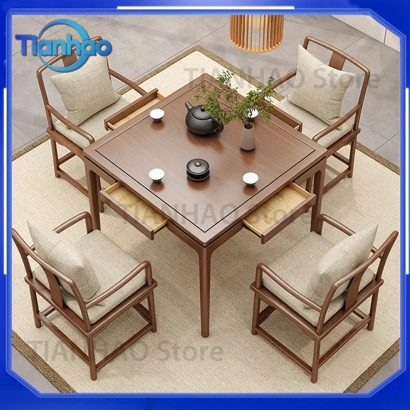 Mahjong Dining Table and Chair Set Baxian for Solid Wood Teahouse Tea Table Chess and Card Table