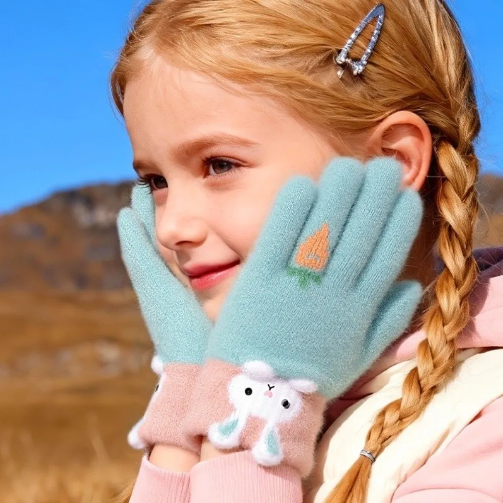 Cute High Elasticity Cartoon Rabbit Gloves Windproof Lining Knitted Gloves Thickened Kids Hand Warmers For Baby Girls