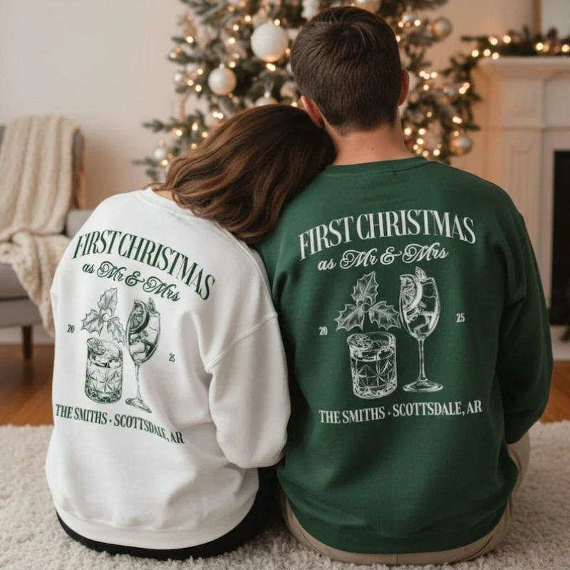 

Первое Рождество, как мистер и миссис, персонализированные круглые вырезы, веселые и женатые, рождественский подарок для новорожденных, свитера, термотолстовка