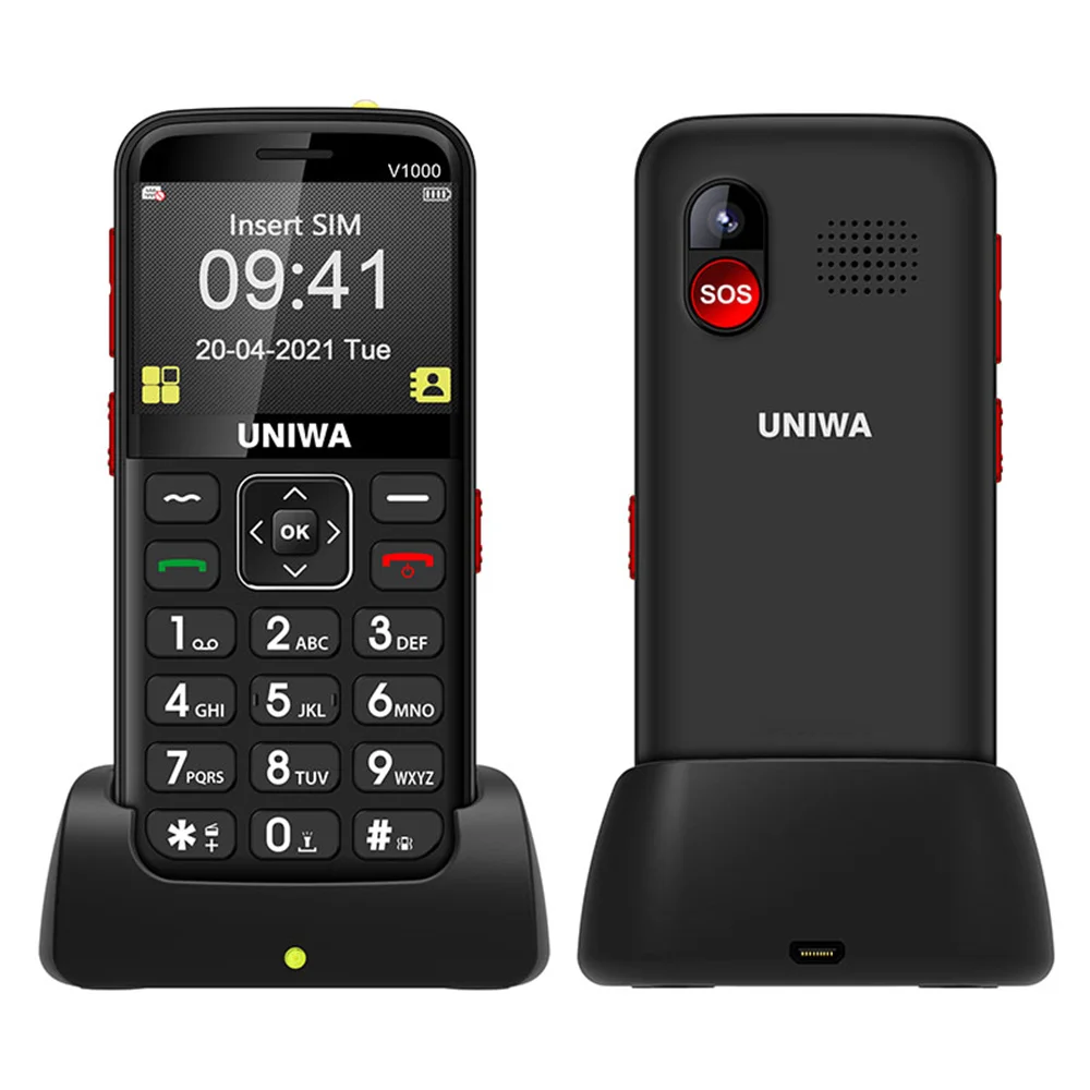 UNIWA V1000 4G Feature Phones Strong Torch Big Button Long Time Standby 2.31Inch 0.3MP Camera Cellphone English Russian Keyboard