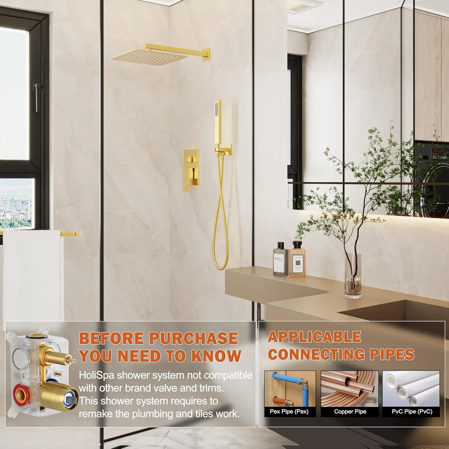 Gold Shower System with 10-Inch Rain Showerhead and Handheld Spray, High-Pressure Wall Mounted Set in Brushed Gold Finish