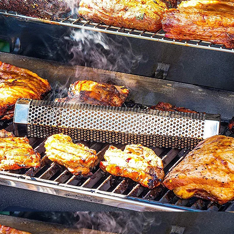 12-Zoll-BBQ-Räucherohr aus Edelstahl mit perforiertem Netz, Räucherohrfilter, Sechskant-Grillrohr, Grill-Rauchgenerator-Rohrwerkzeug