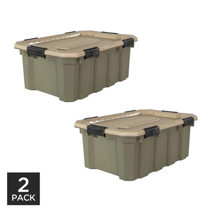 

Durable 18 Gallon Green and Tan Storage Totes with Latching Lids for Home Organization and Outdoor Use - Pack of 2