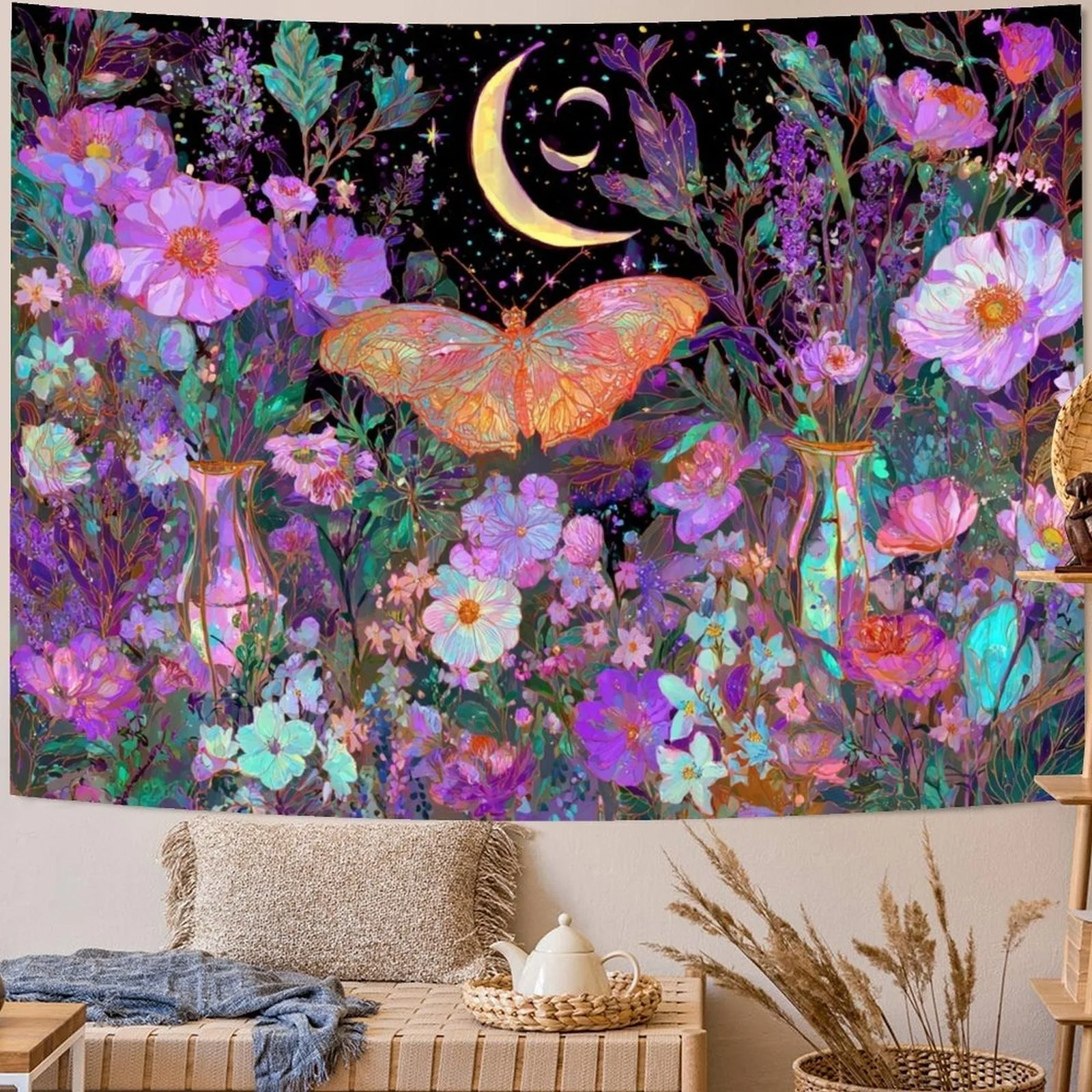 Dreamy Boho Floral Wall Hanging Tapestry Cosmic Celestial Moon Butterfly Art Boho Chic Witchy Cottagecore Tapestry Decor