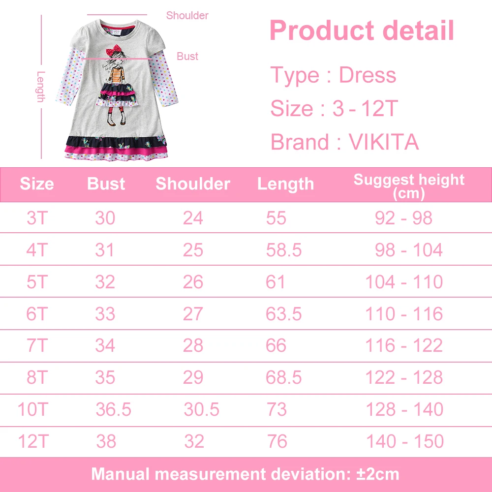 VIKITA Girls Cotton Casual Dress Kids Long Sleeve Autumn Spring Dresses Girls Doll Cartoon Appliqued Straight Polka Dot Dresses