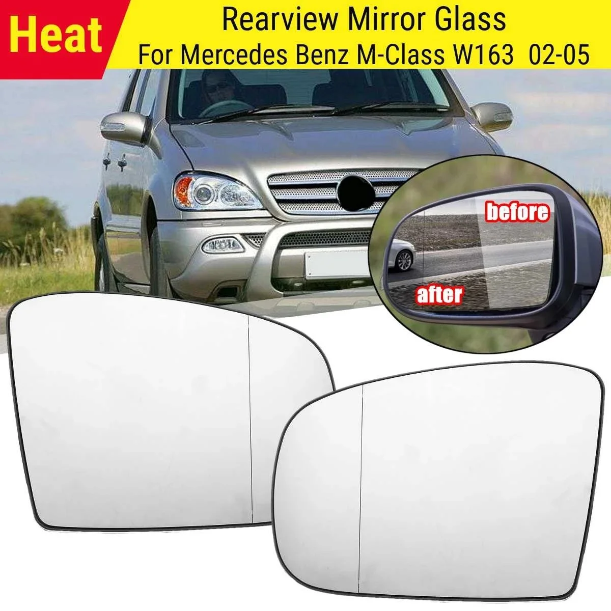 Driver Right Side Rearview Heated Mirror Glass for Mercedes-Benz M-Class W163 2002 2003 2004 2005