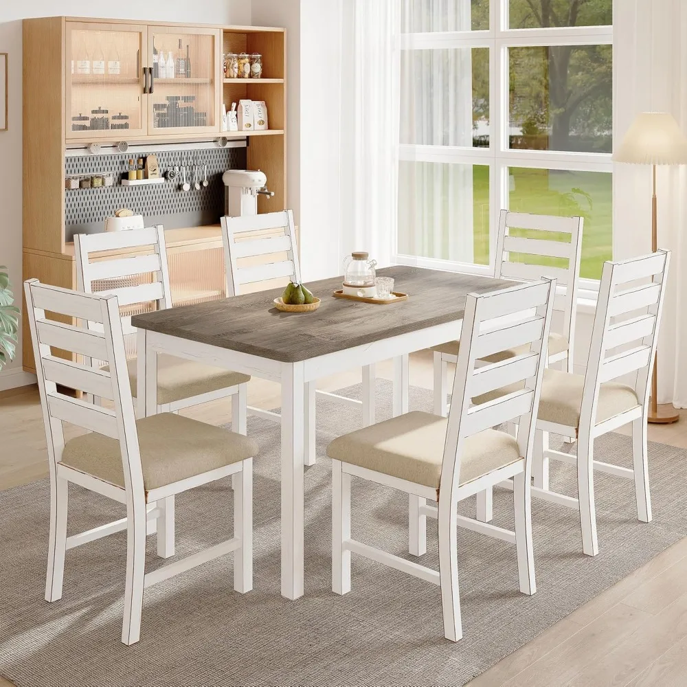 

59" Dining Table Set Farmhouse Rectangular White Kitchen Room Table & Chairs Set Solid Wood Stable Space Saving Easy Clean