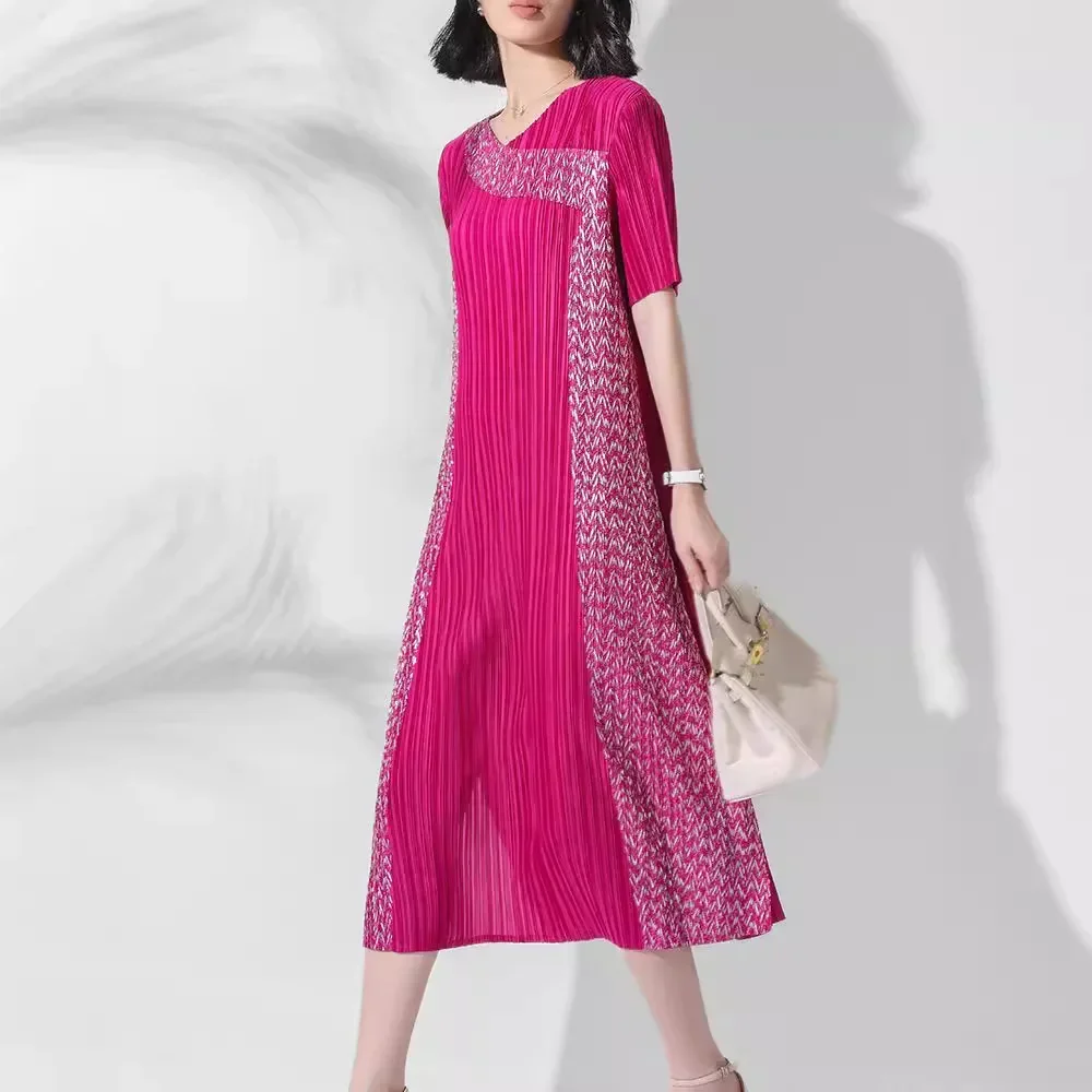 

Miyake Pleated Summer Contrast Dress, High-end and Elegant Pullover, Round Neck, Loose Short-sleeved Pleated Mid-length Skirt