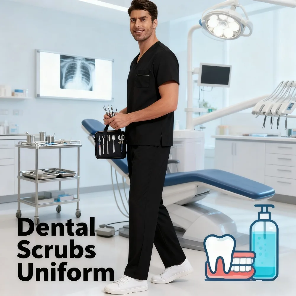 Summer Scrub Set 2-Piece Short Sleeve with Pockets Polyester Drawstring Pants for Doctors Nurses