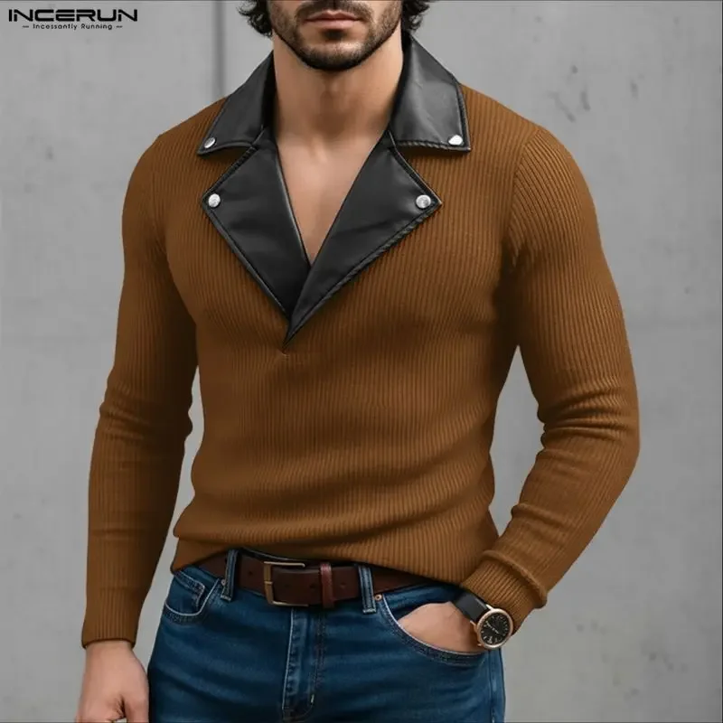 

INCERUN Men Pullovers Patchwork Lapel Long Sleeve Knitted Male Sweaters Streetwear Spring Fashion Casual Thin Tops Men S-5XL