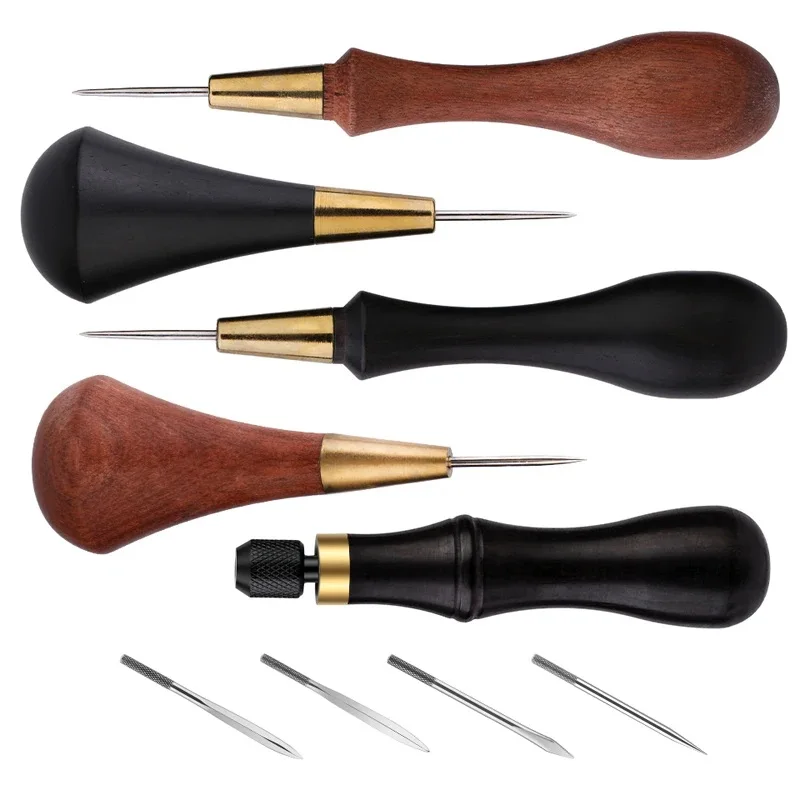 TLKKUE Leather DIY Wooden Handle Awls Sewing Awl Shoes Repair Tool Hand Stitcher Leather craft Awl Punch Hole Leather Tools