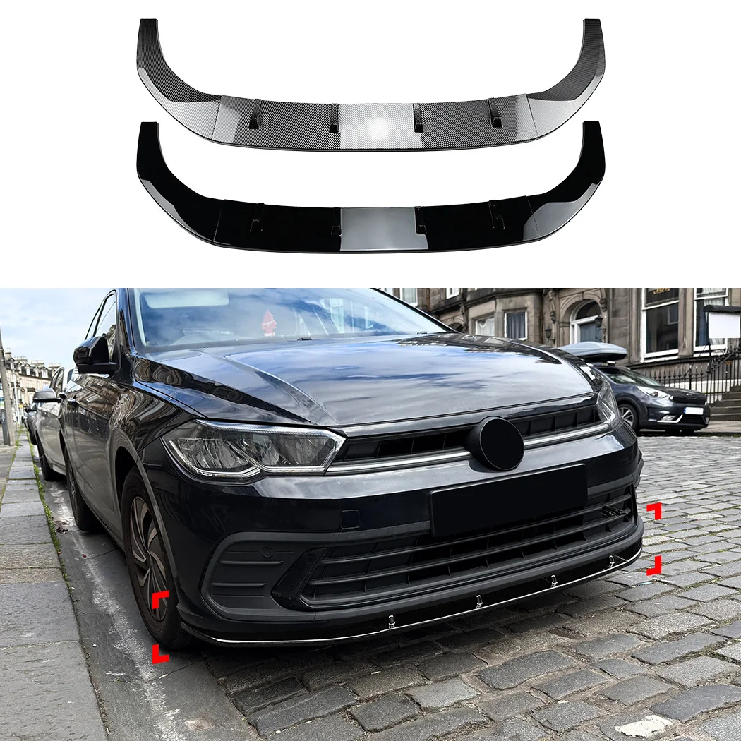 3-Piece Front Bumper Lip Splitter Spoiler For VW Polo MK6.5 Base Standard 2022+ Piano Black Carbon Fiber Lower Diffuser Mod Kit