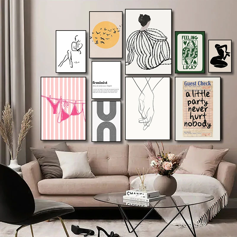 (No frame)Abstract Geometric Woman Lines Pajama Girl HD Feminism Canvas Painting Poster Prints Wall Home Bedroom Living Room