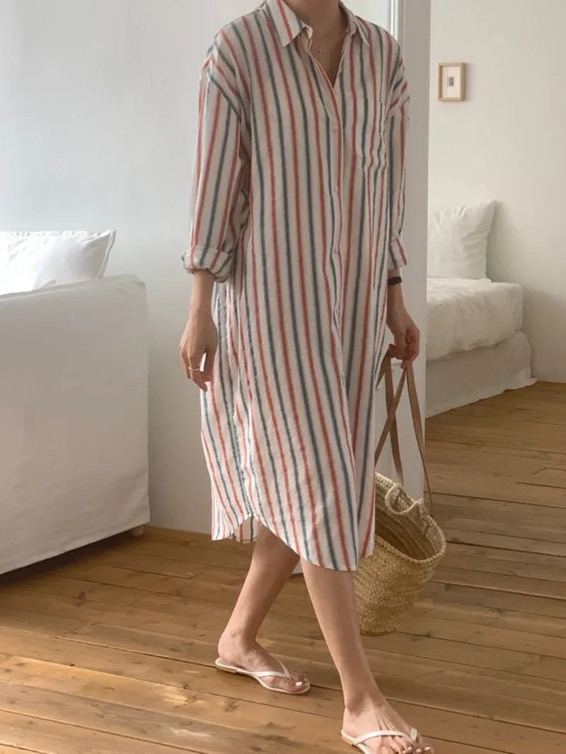 Spring Summer striped shirt dress Women Elegant Vintage Lapel Loose Commuter Ladies Dresses Streetwear Long Formal Dresses Robe