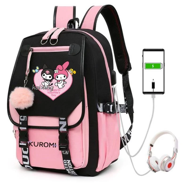 Bonito kuromi mochila feminina estudantes do ensino médio sacos de escola da menina carregamento usb grande capacidade diário infantil