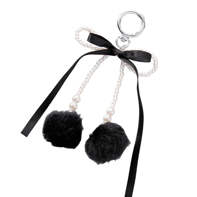 Soft Plush Hairball Keychain with Ribbon Bowknot and Imitation Pearls for Key