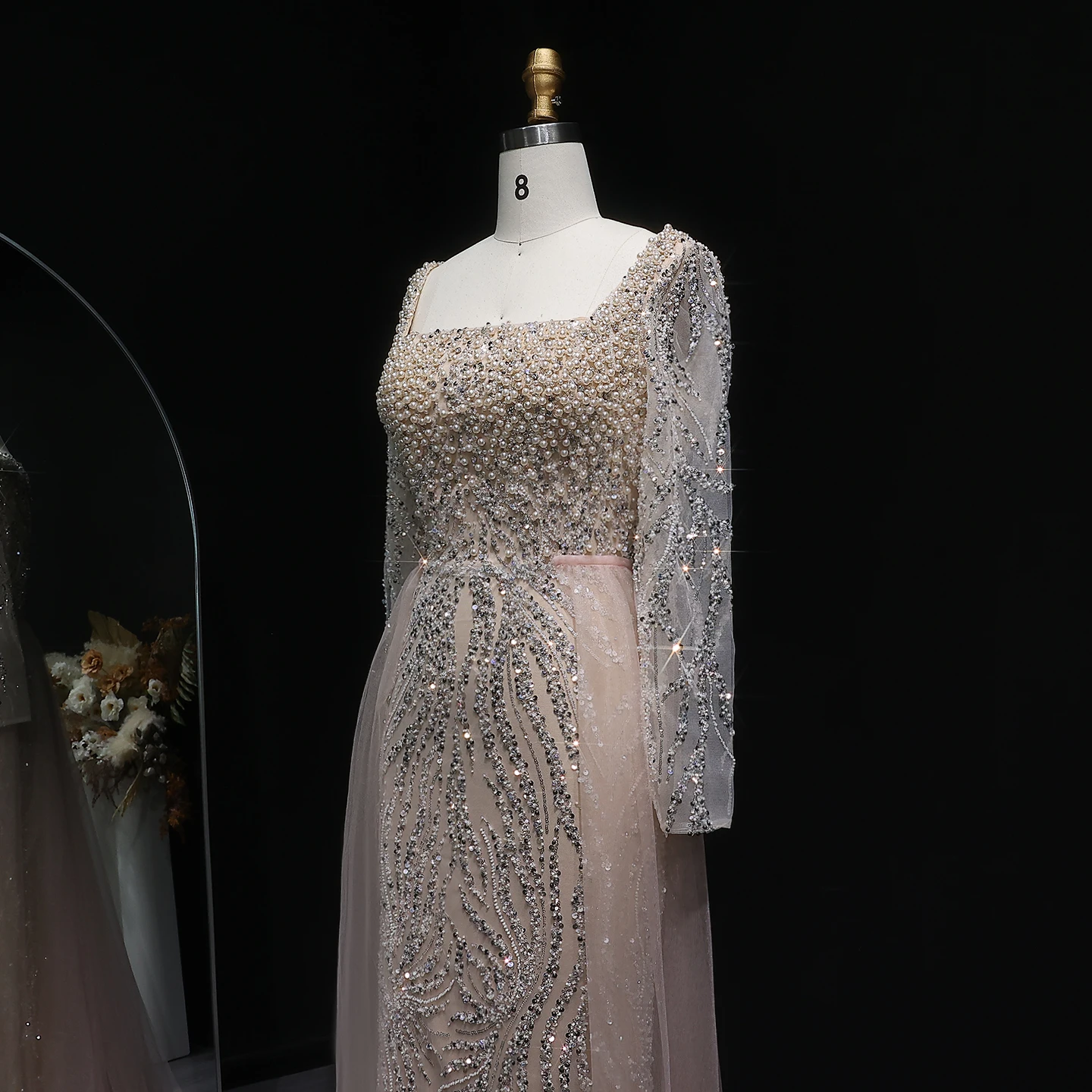 Sharon Said Luxuriöses High-End-Perlenkleid Dubai Saudi-Arabisches Langarm-Meerjungfrauenkleid Formelles Hochzeits- und Ballkleid SS632 Maßanfertigung – Detail 8