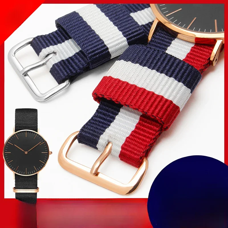 For DW Nylon Watchband Fashion 16 18 20 22mm Color Montage Canvas Men\'s Sports Blue White Red Rainbow Color Watch Strap