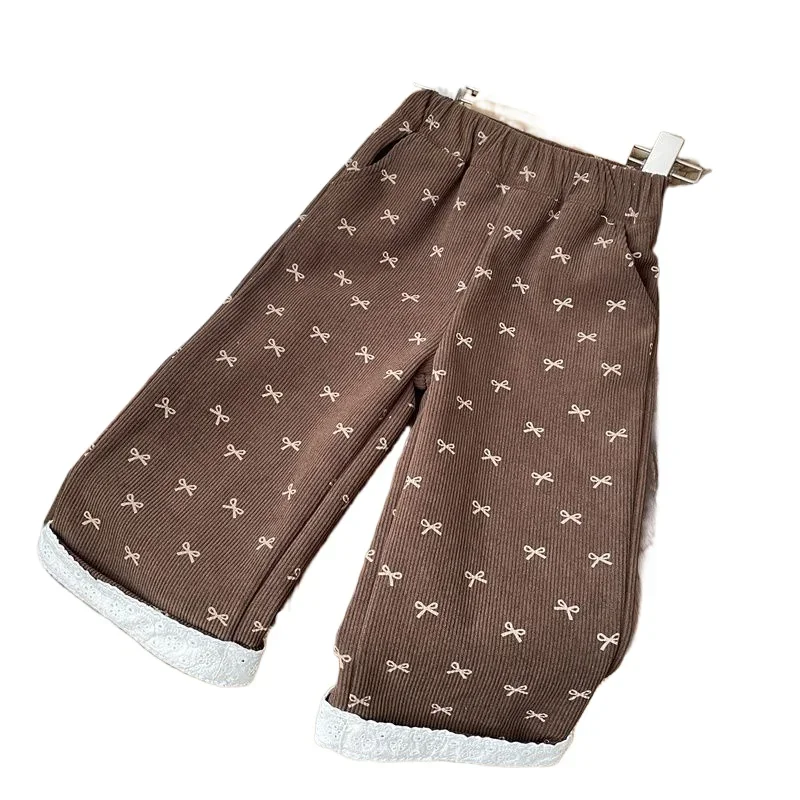 نساء شتاء جديد. الأطفال القوس طباعة قطعة واحدة المخملية الأطفال سروال قصير مستقيم الطفل الصوف مبطن بالإضافة إلى السراويل السميكة