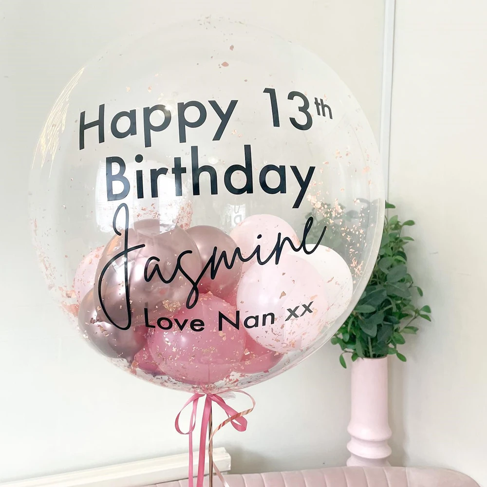 Personalized Birthday Balloons Black Rose Gold Vinyl Sticker Customized Name Clear Balloons for Birthday Baby Shower Wedding Dec