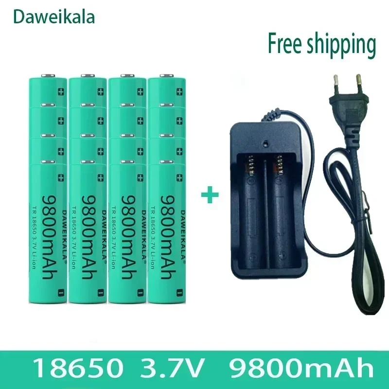 充電器付き充電式リチウムイオンバッテリー,懐中電灯,新品,容量3.7v,18650, 9800mah,2023