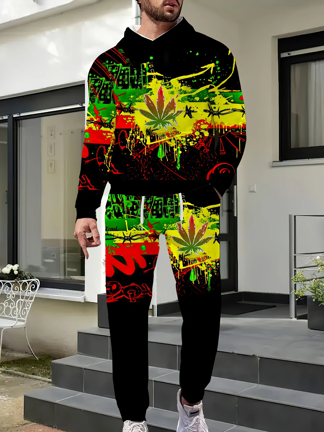 New Arrival Casual Winter Autumn Leef 3D Printed Hoodie and Pants Set Tracksuit 2Piece Set Sportwear Men Clothing Suit