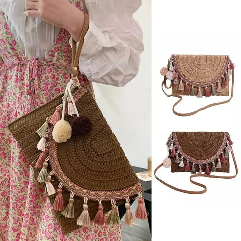 

Tassels Straw Weaven Bags Fashion Ladies Wrist Clutches Summer Women Shoulder Crossbody Bags Handmade Handbags Purse Beach Bag