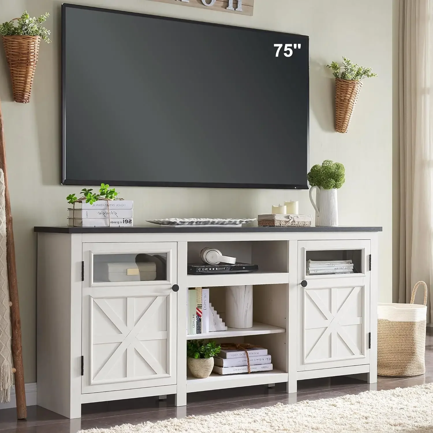 

TV Stand for 75 inch TV, Farmhouse TV Stand with Storage for Living Room, Entertainment Center, TV Console