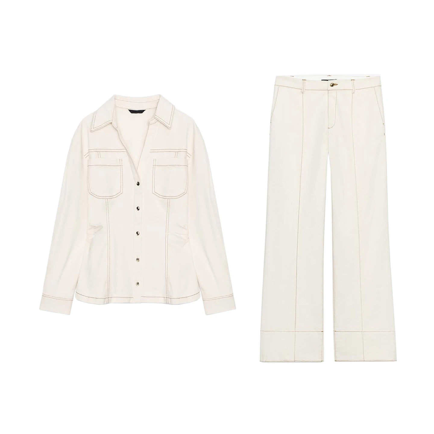 Slim Fit Longo Sve Gola Denim irt Cintura Alta Zíper Decorado Costurado Bell Bot Conjunto de Duas Peças Casual Sle Inverno...