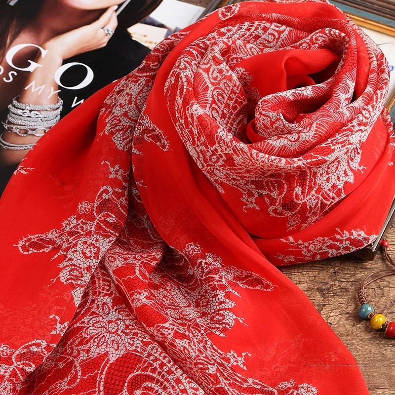 ロングシルクスカーフ-レッド-大きいサイズ-レディースショール-春秋冬夏-多用途-桑シルクスカーフ-韓国風プリント