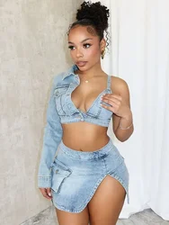 Sexy Club Party Denim Two Piece Set for Women Y2K Clothing Asymmetric One Sleeve Crop Top and Mini Skirt Matching Sets Outfits