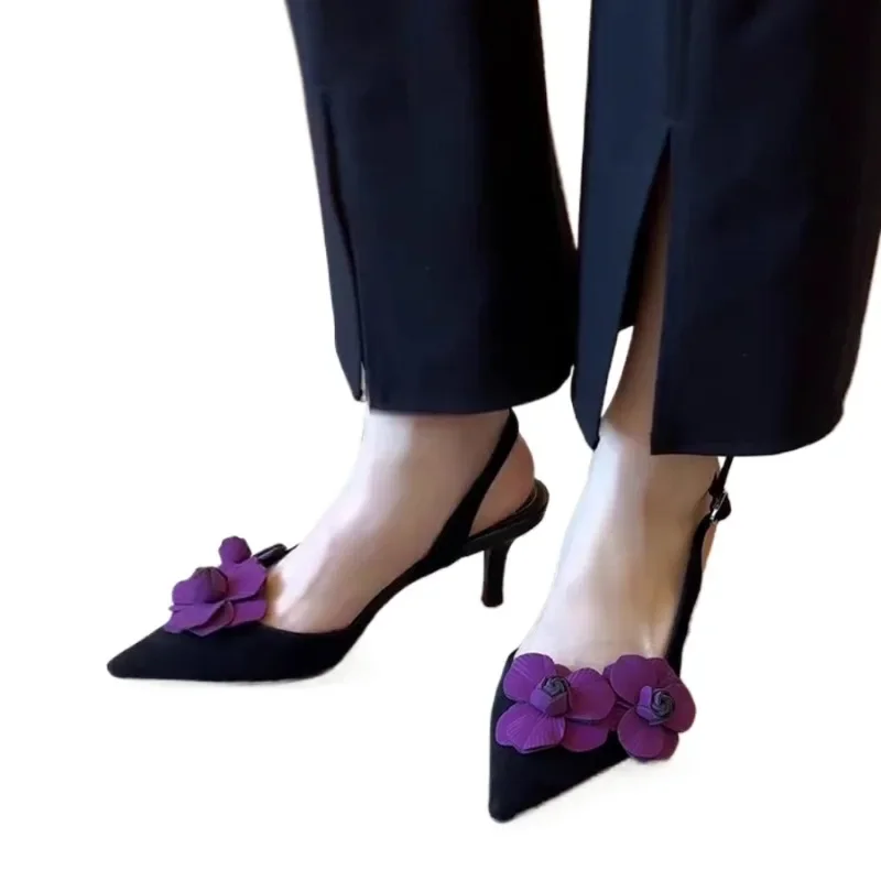 로우힐 얇은 굽 모던 샌들 플라워 여름 섹시 여성 슈즈 2025 고품질 솔리드 버클 스트랩 파티 하이힐 샌들