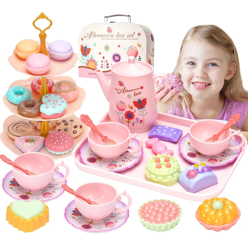 WizKidz Girls Tea Party Set Toddler Tea Set 3-5 Years Old Kitchen Role Play Toys Dishwasher Safe Fun Pretend Play for Kids 3+