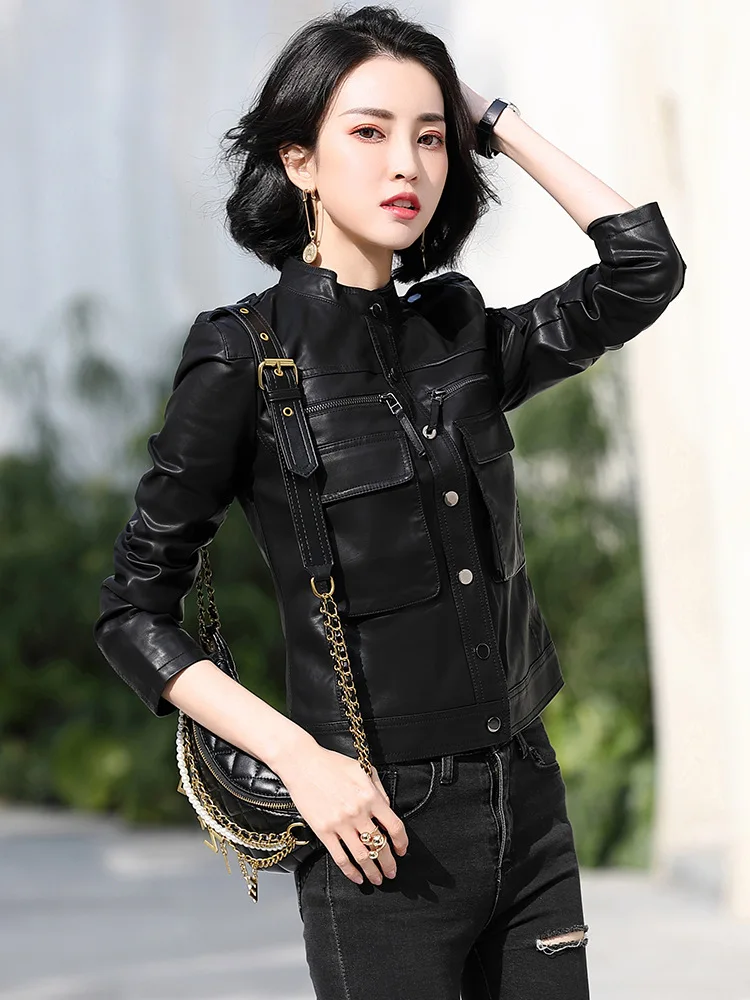 Women's Short Sheepskin Motorcycle Slim Leather Jacket, Ladies Small Coat, Spring and Autumn