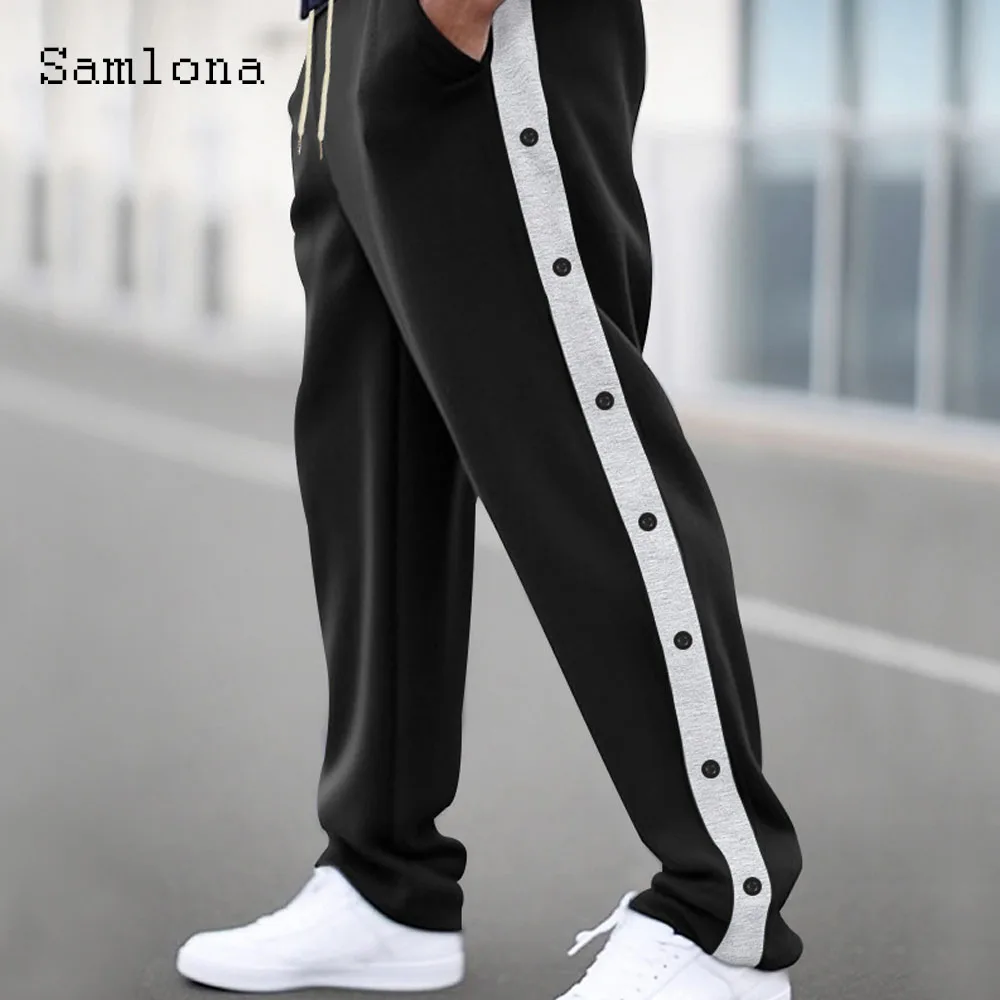 Plus Size 3xl Mens Casual Wide Leg Pants Men Fashion Striped Multi-Buttons Pocket Trousers 2024 Autumn New Drawstring Sweatpants
