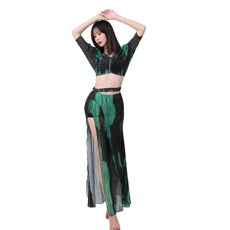 Women's Sexy Split multicolored skirt training costumes set for belly dance