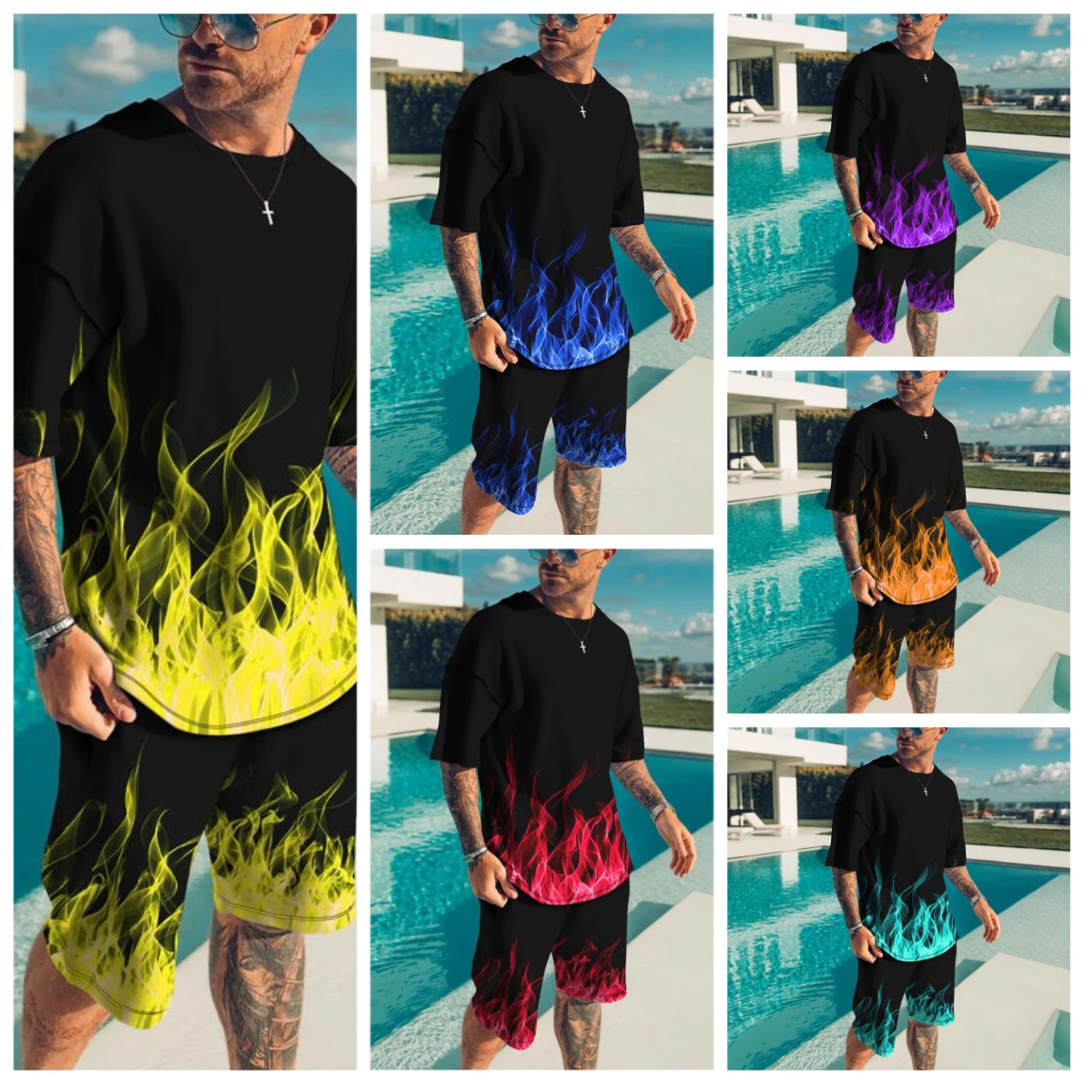 

Summer Hot Selling Men's Flame Printed Short Sleeved Shorts Set, Daily Outdoor Casual Quick Drying Thin Polyester Set
