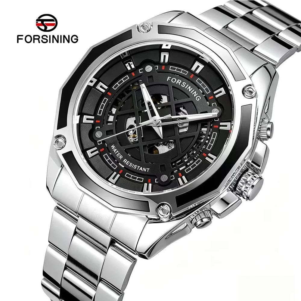 

FORSINING Polygon Bezel Automatic Mechanical Watches for Men Stainless Steel Hollow Waterproof Luxury Dress Business Male Watch