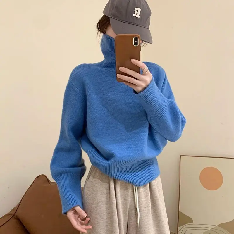 

2024 Autumn Winter Women New Solid Color Thick Jumpers Female Turtleneck Long Sleeve Sweater Tops Ladies Loose Knitting Tops U66