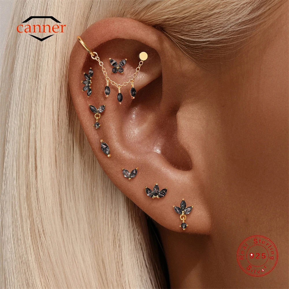 

CANNER 1PC Natural Black Hair Quartz 925 Sterling Silver Horse Eye Flat Head Thread Puncture Earring Flower Piercing Earring