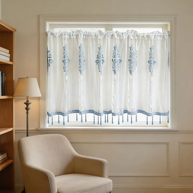 1pc Coastal‑Chic Misty‑Blue Damask Embroidered Sheer Valance, Matching Blue Beaded Tassel for Entryway Bay Window Decor