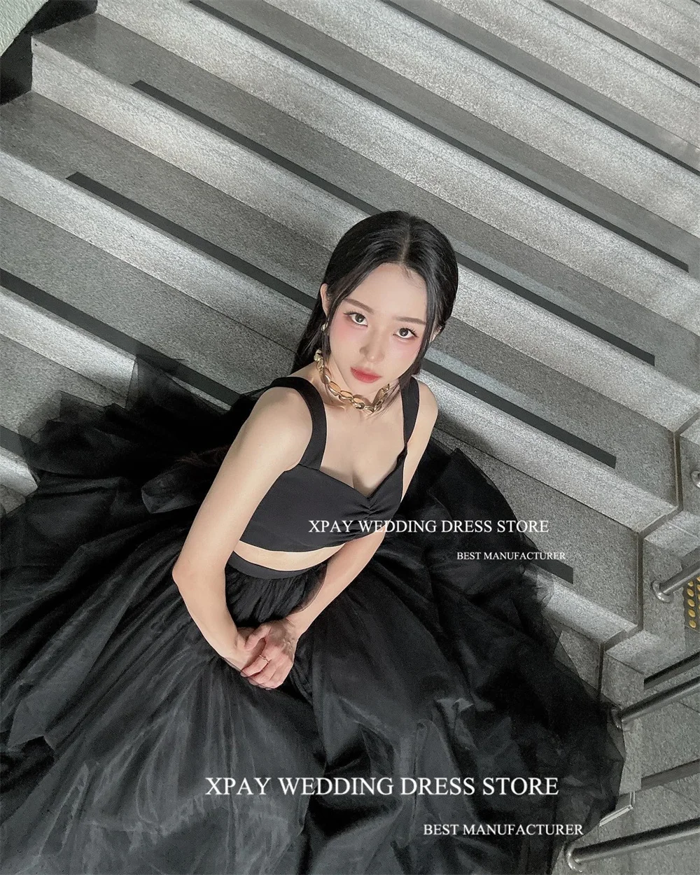 XPAY Sweetheart Black Korea Evening Dresses Cut Out Pleats Tulle Wedding Photo shoot Gowns Elegant Sparkly Formal Party Dress