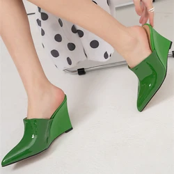 Lady's Summer Casual Shoes Wedge Heel Sandal Slides Shoes Patent Upper Pointy Heel Slipper Mules Size 46